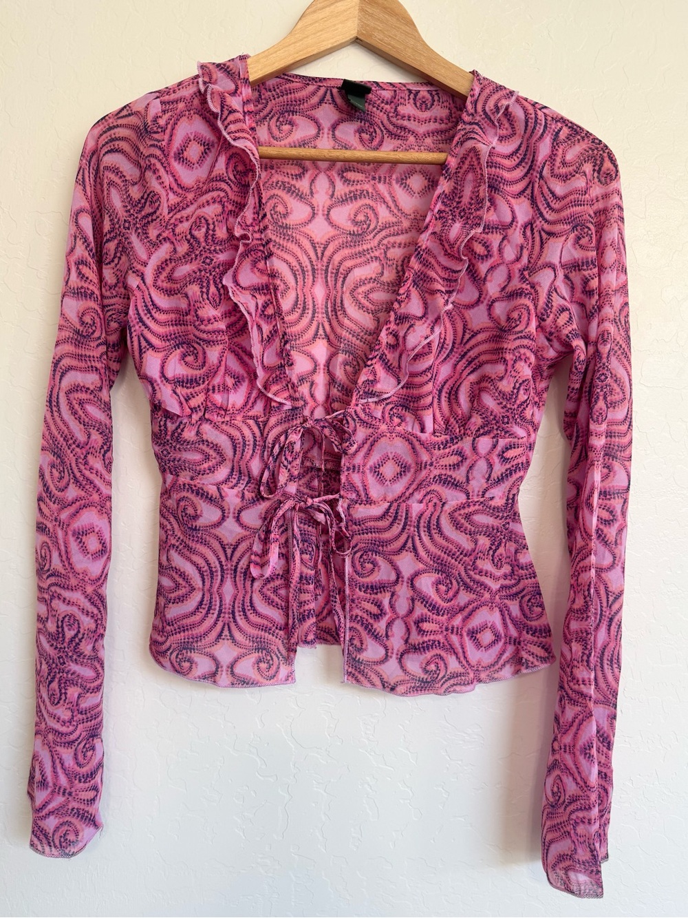 Women’s Wild Fable Pink Patterned Ruffle Tie-Front Mesh Top